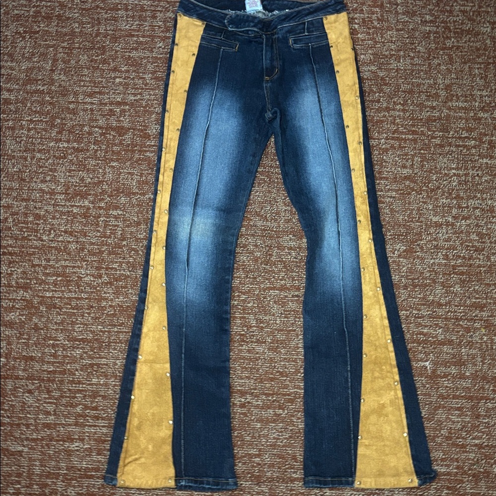 Watch LA vintage dark wash flare jeans with studded suede outseam y2k fashion